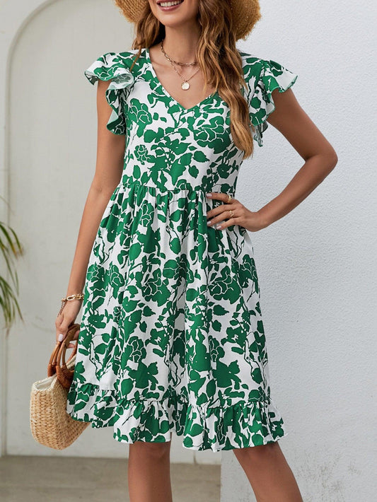 Leaf Summer Dress V-neck Ruffled Sleeveless A-Line - Paaka